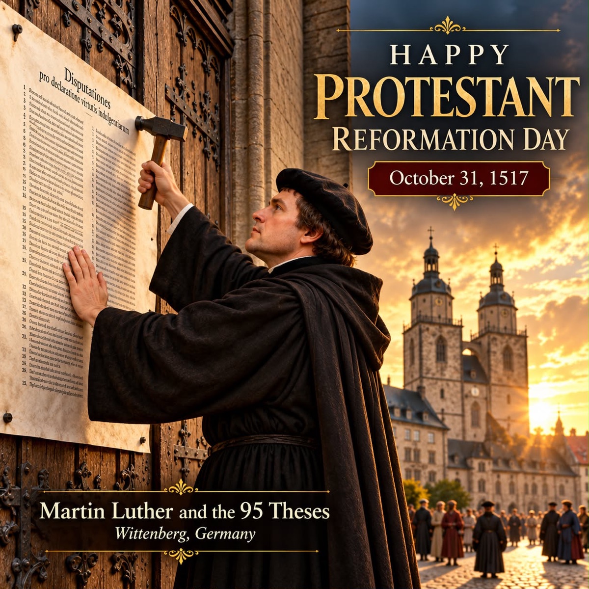 Martin Luther nailing the 95 Theses to the door of the Castle Church in Wittenberg, Germany
